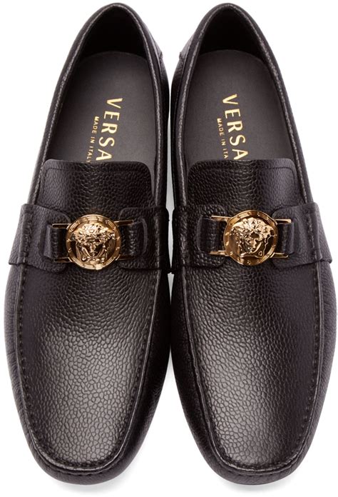 versace collection black leather loafers|Versace men's suede slippers.